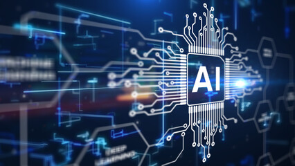 Technology digital of AI CPU research, learning, cyber development futuristic design information background.