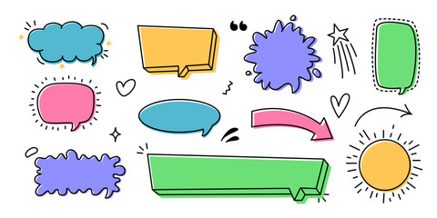 Obraz premium Doodle set of speech bubbles, frames, design elements. Place for text. Message box, sticker. Vector illustration.