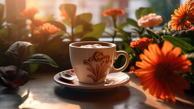 Coffee cup placed on white table in coffee shop with blurred flowers background in morning light. Generative Ai