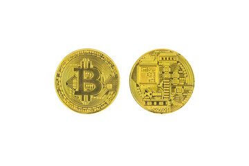 Closeup golden coin with bitcoin symbol.