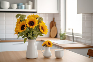 Vase with sunflowers on the table in the kitchen of the Scandinavian style. Generative AI © Виктория Марьенко