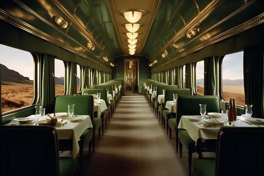 train dining room in calgary, in the style of tom chambers. generative AI illustration.