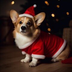 Welsh corgi pembroke sitting on the floor in Christmas costume and decorations in the background. generative ai