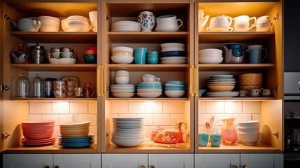 Obraz na płótnie Canvas Open cabinet with different clean dishware in kitchen. Generative Ai