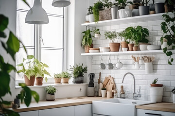 Modern kitchen in Scandinavian style. Lots of houseplants on the shelves. Generative AI