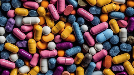 Top view Full frame of colorful antimicrobial capsule pills. Generative Ai
