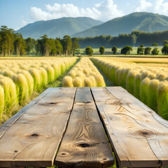 Selective focus, Wood table top on soft focus barley rice field background. For montage product display. generative ai. - 607833491