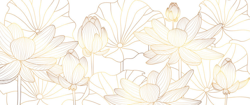 Fototapeta Luxury hand drawn lotus flowers background vector. Elegant gradient gold lotus flowers line art, leaves on white background. Oriental design for wedding invitation, cover, print, decoration, template.