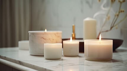 Fototapeta na wymiar Beautiful blank spa candles on marble table top Generative AI