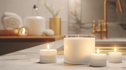 Fototapeta na wymiar Beautiful blank spa candles on marble table top Generative AI