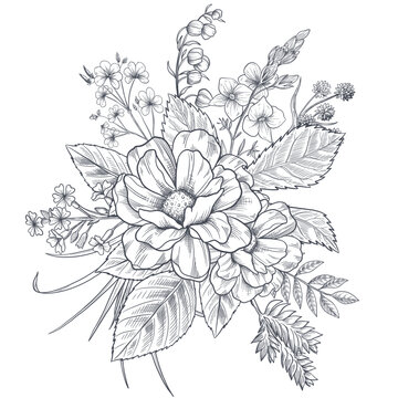 Flower bouquet hand drawn sketch illustration Wild flowers