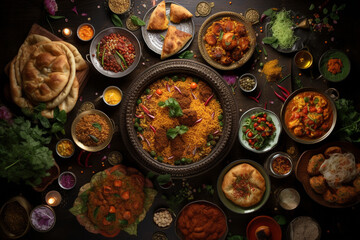 Traditional indian dishes selection. Indian cousine food. Generative AI