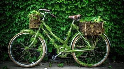 Fototapeta na wymiar Bicycle with green leaf tendril eco and environment concept Generative AI