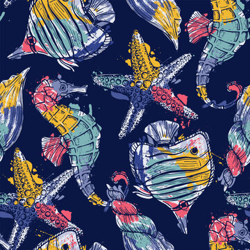Sea style seamless pattern. Underwater creatures, starfish, sea horse, coral, fish. marine, nautical endless wallpaper, background.