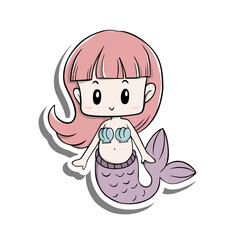Sweet Mermaid Girl. Cartoon elements on white silhouette and gray shadow, hand-drawn graphics. Isolated on white background, Vector illustration. 
