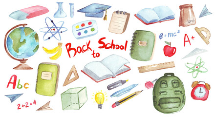 Watercolor set with school and office supplies and tools. Backpack, globe, pencil, ruler, notebook, lunch, scissors, eraser, brush, medal, paper, bell, ball, soccer, numbers. Elements for decorations.