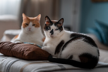 two domestic white cats lying together on a brown pillow. close up