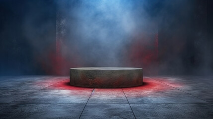 Studio dark room stone stage or podium with fog or mist 