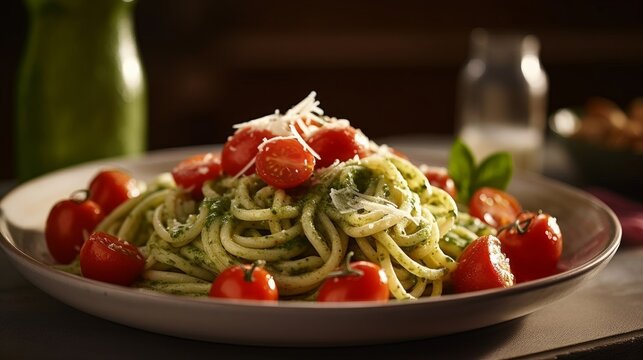 plate of pasta with vibrant green pesto sauce and cherry tomatoes