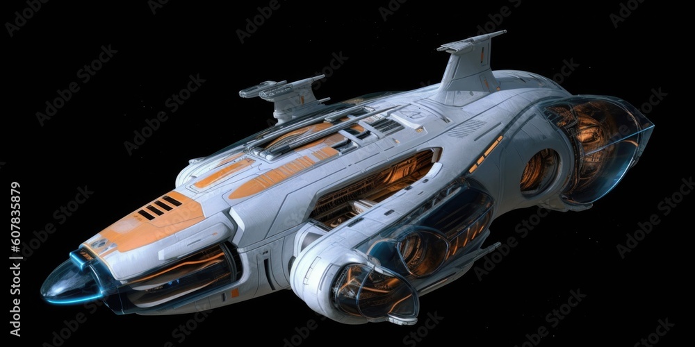 Poster the advanced and futuristic exploratory science carrier spaceship. generative ai aig27.
