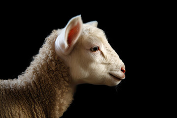 Fototapeta premium Profile Portrait of Fluffy White Lamb. AI generative. Isolated on Black Background.