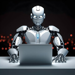 Futuristic robot using computer laptop. AI generated