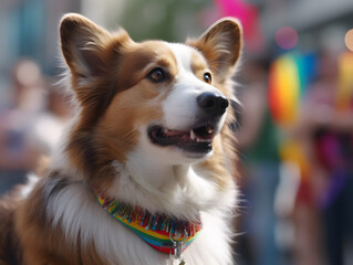 Corgi dog in pride parade. Concept of LGBTQ pride. AI generated