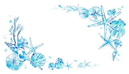 涼しげな貝殻の水彩イラスト。海をイメージした夏フレーム装飾。 - obrazy, fototapety, plakaty