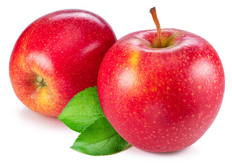 Two ripe red apples with green leaves isolated on white background.