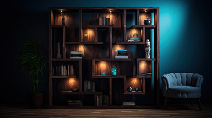 Books on shelves on wall background at night Generative AI