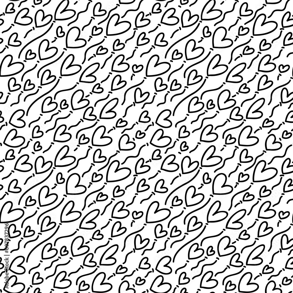 Poster seamless vector pattern with black linear hearts. vector repeating texture with outlined dynamic hea