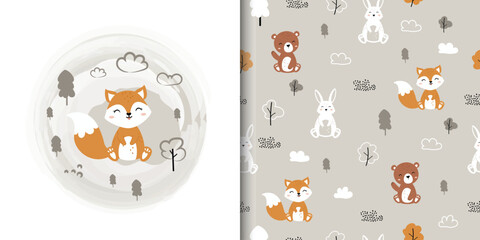 Animal pattern with cute bear, fox and bunny. Childish seamless background, cute vector illustration for fabric, wallpaper, wrapping paper, textile, t-shirt