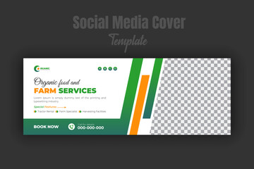 Organic food and farming service social media cover or post design and business web banner template cover for agriculture promotion with geometric green gradient and orange color shapes