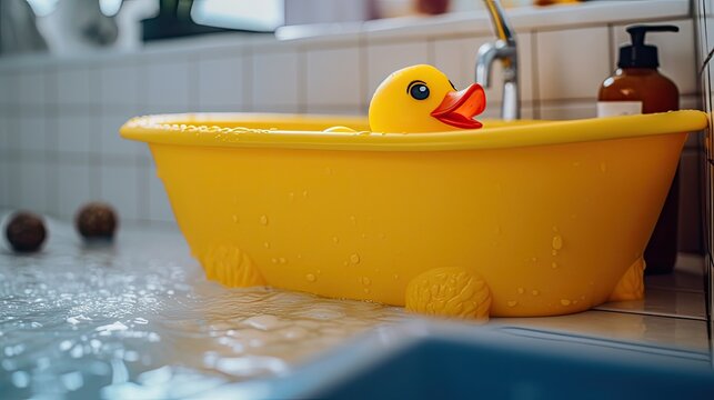 Duck toy in the bathtub. Generative AI