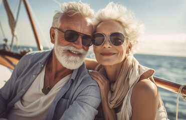 Generative AI image of smiling mature couple enjoying yacht travel on sea
