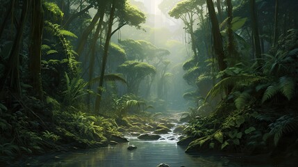 Tropical forest rain. Generative AI - obrazy, fototapety, plakaty
