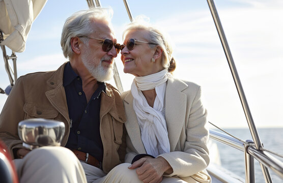 Generative AI image of smiling senior couple enjoying yacht travel on sea