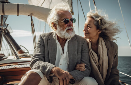AI image of serious senior couple sitting close and enjoying yacht travel on sea