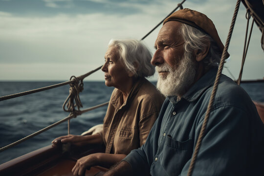 AI image of serious senior couple sitting close on sailboat traveling on sea