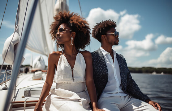 Generative AI image of African American couple in sunglasses sitting on yacht and looking away in opposite directions while enjoying sunny day