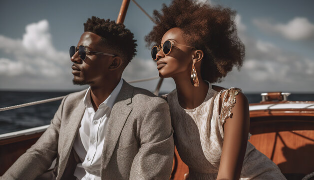 Generative AI image of African American couple in sunglasses sitting on yacht and looking away while enjoying summer day against blurred dark sky