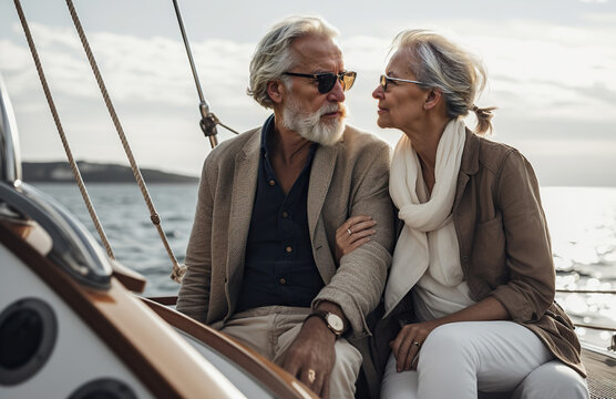 Generative AI image of serious senior couple enjoying yacht travel on sea