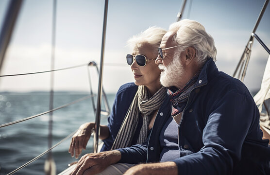 Generative AI image of pensive senior couple in sunglasses sitting close and enjoying yacht travel on sea and looking away against blue sky