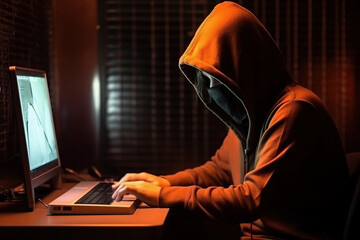 Generative AI illustration of side view of anonymous hacker with mask in hoodie typing on computer keyboard at table in dark room