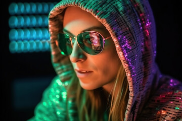 Generative AI illustration of serious woman hacker with hoodie and sunglasses looking at computer screen code reflections against blurred background