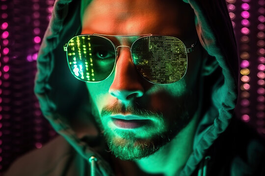 Generative AI illustration of serious male hacker in hoodie and sunglasses looking at computer screen code reflections against blurred background