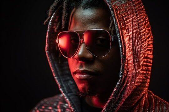 Generative AI illustration of serious young African American man in hoodie and sunglasses looking at camera against black background