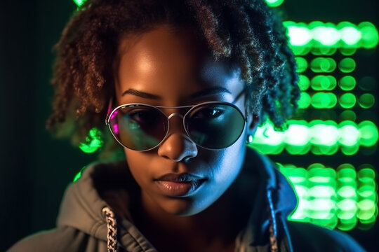 Generative AI illustration of young African American woman in trendy outfit and sunglasses looking at camera against blurred background at night