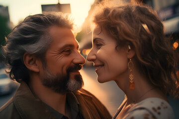 Generative AI illustration of happy middle aged loving ethnic couple with wavy hair looking at each other and smiling while standing close