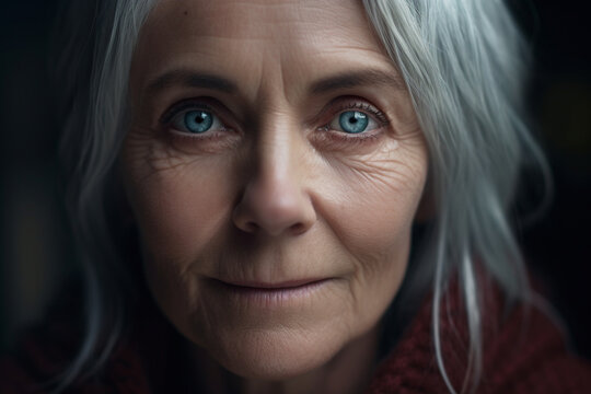 Generative AI illustration of senior woman with gray hair and blue eyes looking at camera and smiling against dark blurred background